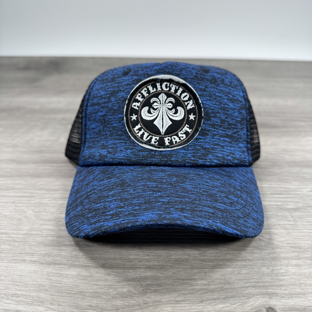New Affliction Hat Cap Snapback Blue Black Mesh Trucker Patch Live Fast Mens